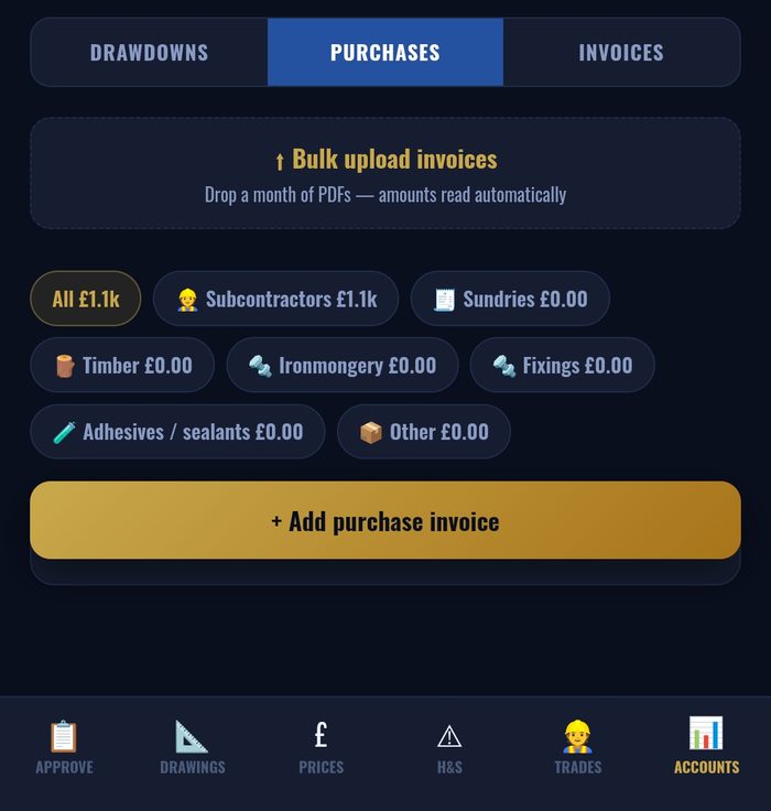 TradeVault purchases screen with cost categories and bulk invoice upload